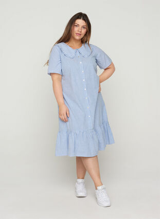 Kortærmet bomulds kjole med striber, Blue Stripe, Model image number 0