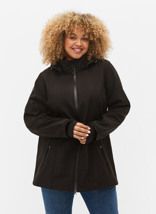 Kort softshell jakke med aftagelig hætte, Black, Model image number 0