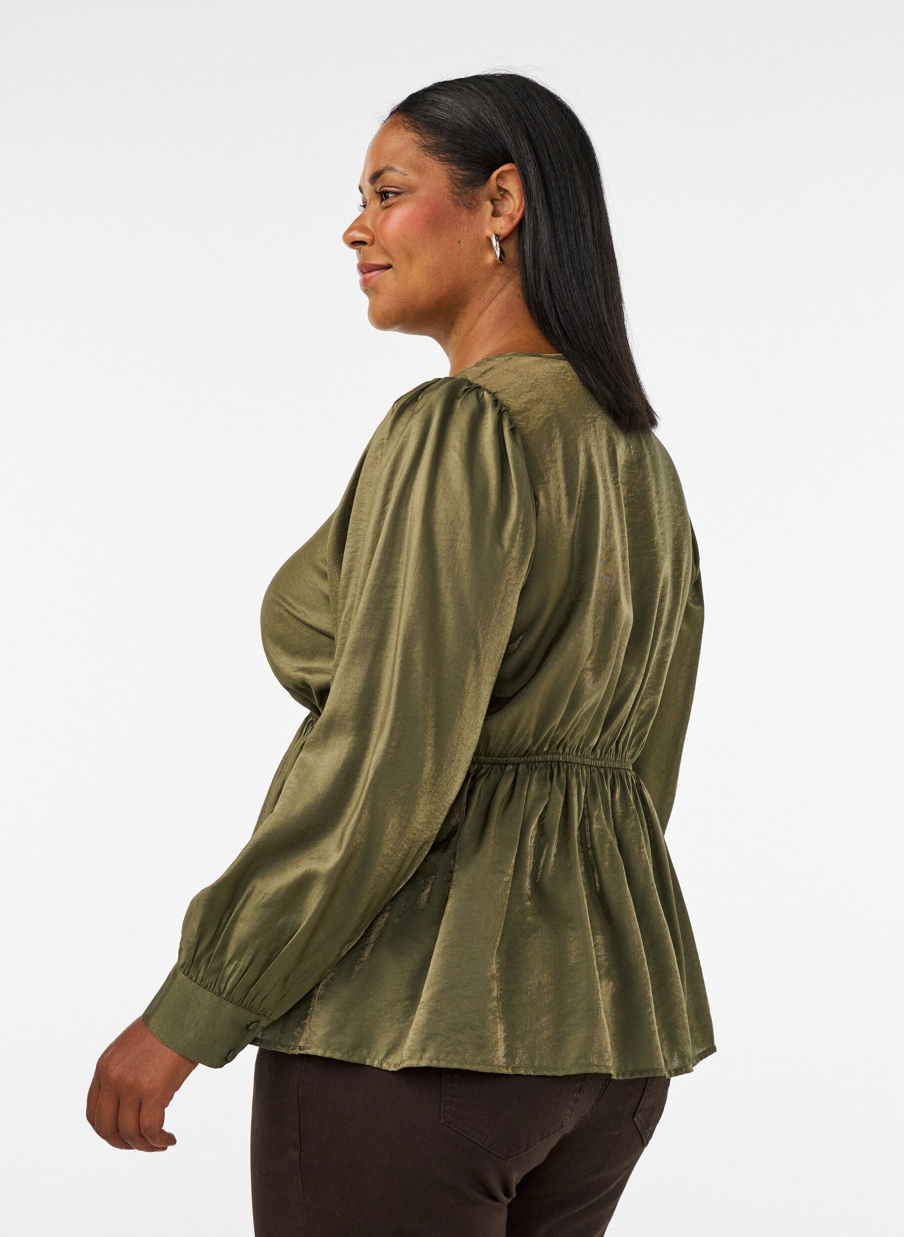 ZizziGlansfuld viskosebluse med peplum-effekt, Gr&oslash;n, Model image number 2