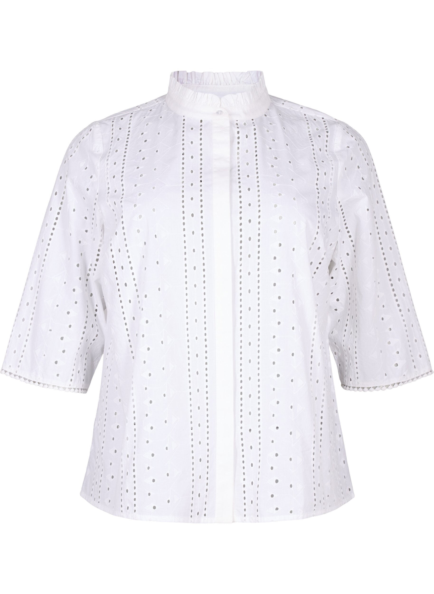 Zizzi Skjortebluse i bomuld med hulm&oslash;nster, Bright White, Packshot image number 0