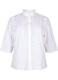 Skjortebluse i bomuld med hulmønster, Bright White