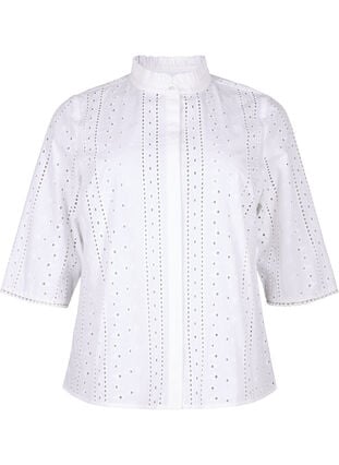 Skjortebluse i bomuld med hulmønster, Bright White, Packshot image number 0