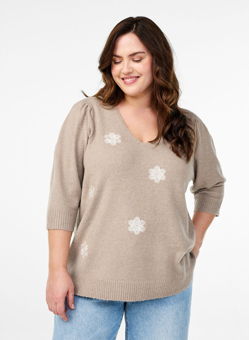 Strikket bluse med broderede blomster, Simply Taupe Mel., Model image number 0
