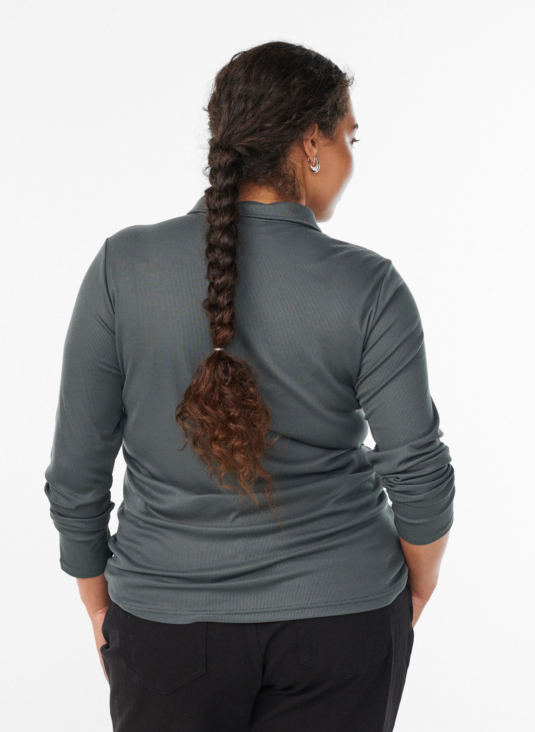 Zizzi Poloshirt i bl&oslash;d rib med lange &aelig;rmer, Gr&oslash;n, Model image number 2