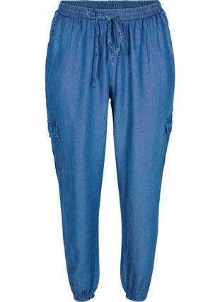 Cargo bukser i denim-look med lommer, Medium Blue, Packshot image number 0
