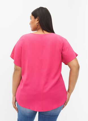 Bluse med korte ærmer og rund halsudskæring, Raspberry Sorbet, Model image number 1