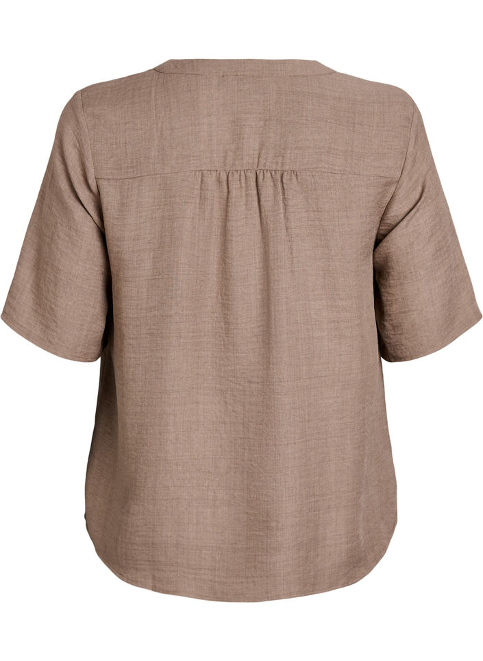 Skjortebluse med v-hals og korte &aelig;rmer, Brun, Packshot image number 1