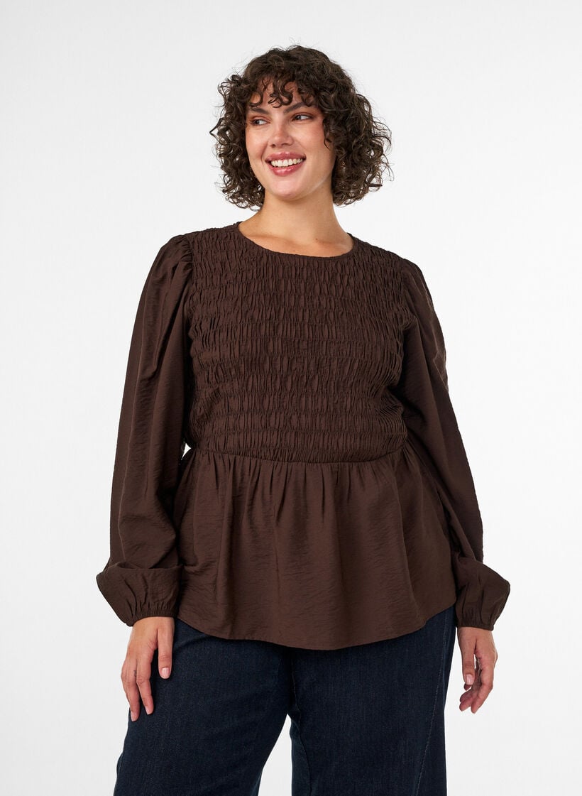 Bluse med smock og lange &aelig;rmer, Brun, Model image number 0