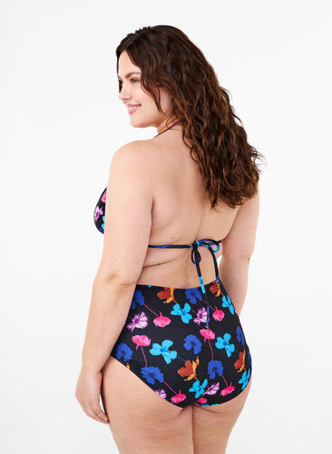 Bikini underdel med print og høj talje, Black Flower AOP, Model image number 1