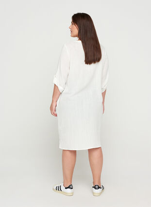Bomulds kjole med knapper og 3/4 ærmer, Bright White, Model image number 1
