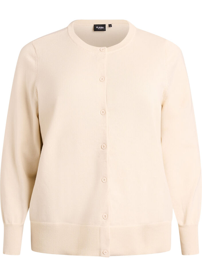Finstrikket cardigan med rund hals, Beige, Packshot image number 0