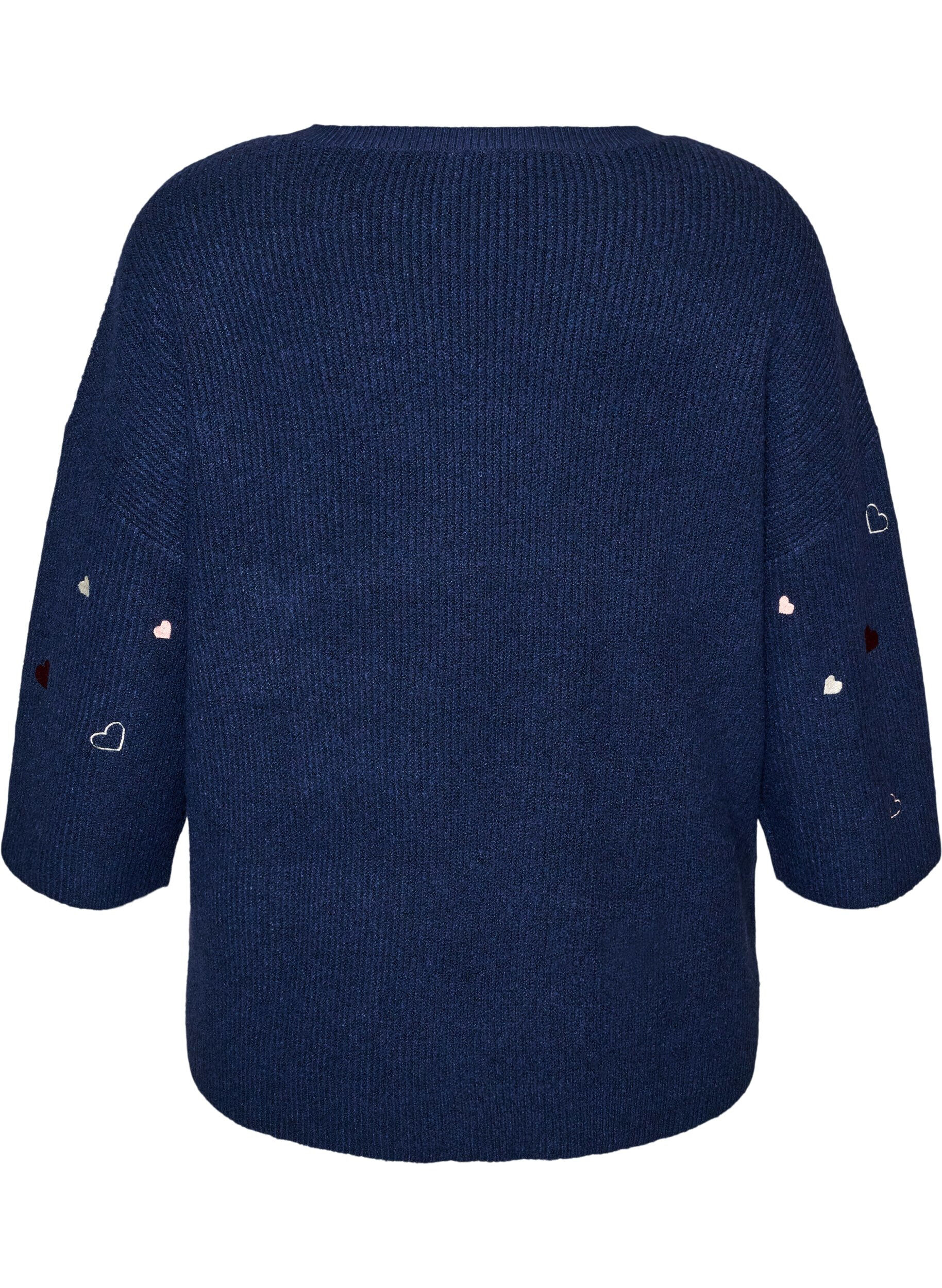 ZizziStrikbluse med hjerter og 3/4 &aelig;rmer, Bl&aring;, Packshot image number 1