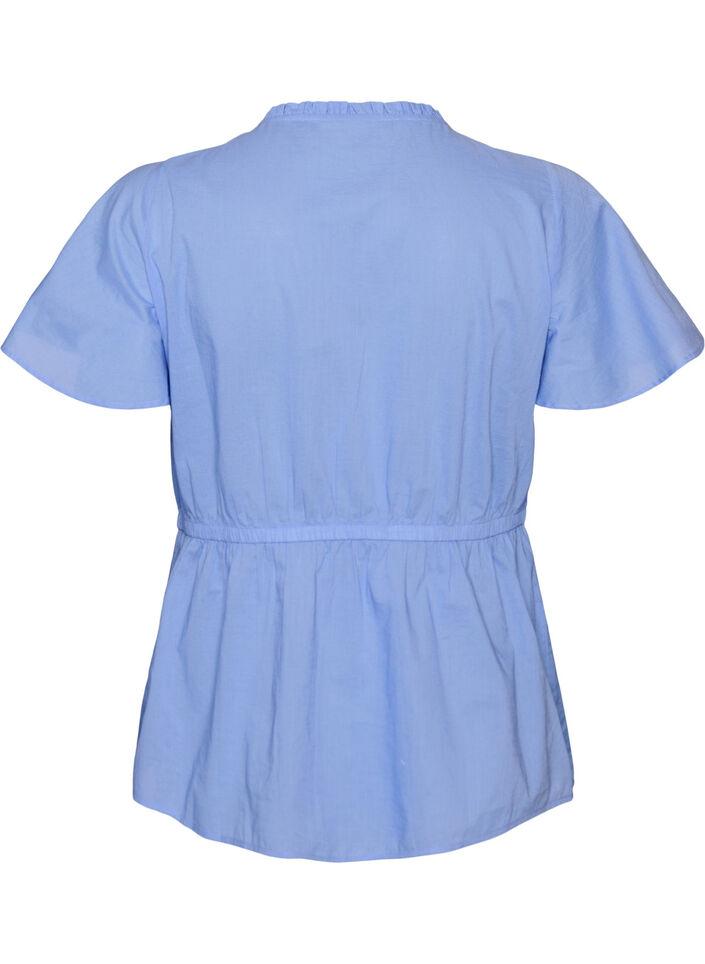 Bluse i bomuld med bindeb&aring;nd og elastisk talje, Bl&aring;, Packshot image number 1