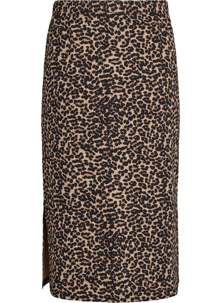 Midinederdel med slids og leopardprint, Brun, Packshot image number 1