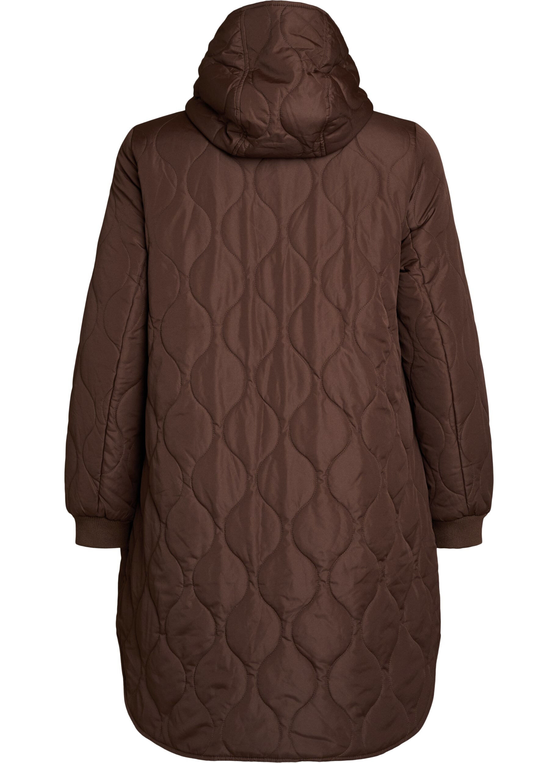 ZizziMellemlang quiltet jakke med h&aelig;tte, Brun, Packshot image number 1