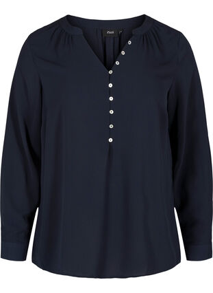 Langærmet bluse med v-udskæring og knapper, Navy Blazer, Packshot image number 0