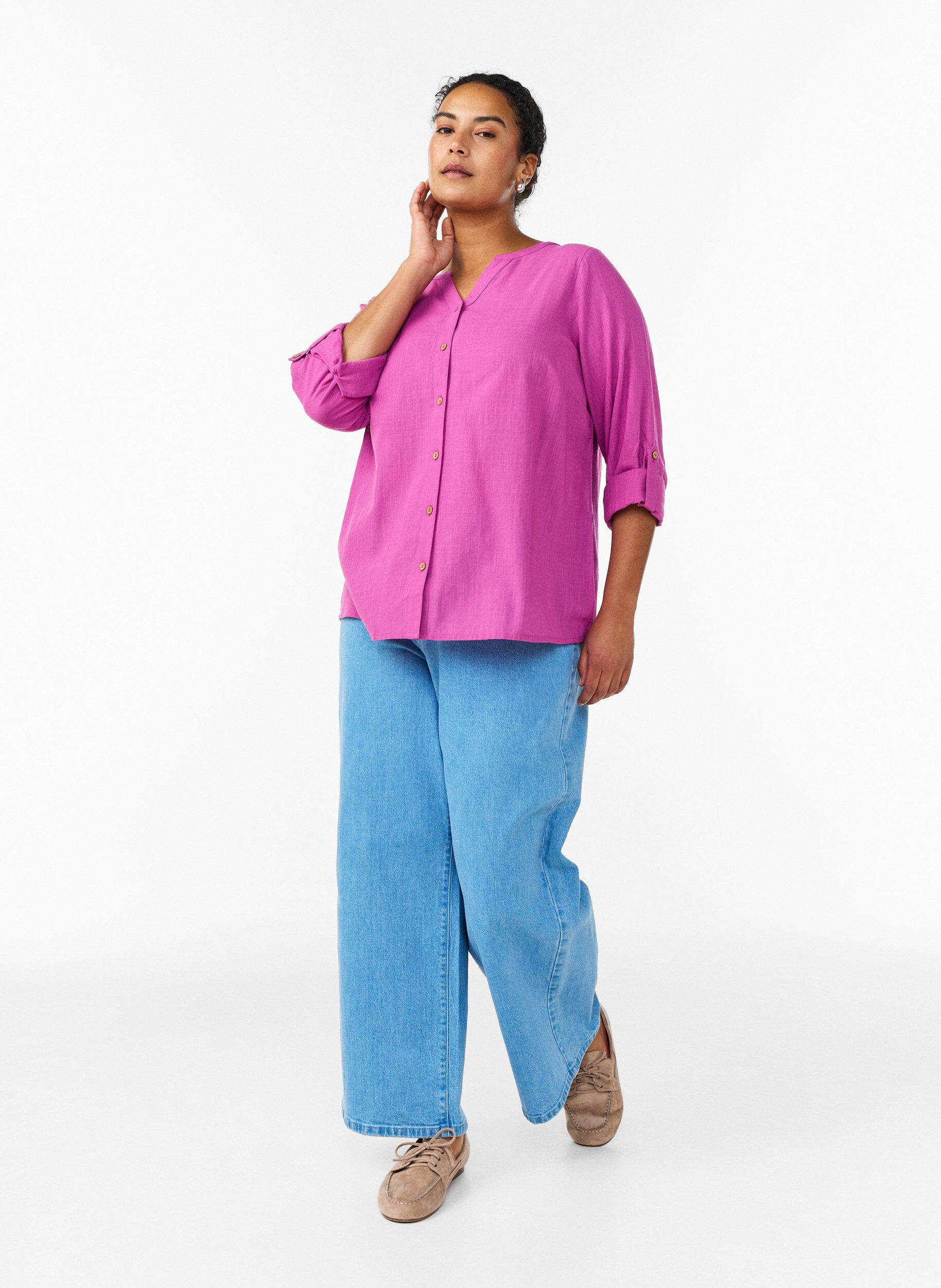ZizziSkjortebluse i bomuld med V-udsk&aelig;ring, Lyser&oslash;d, Model image number 1