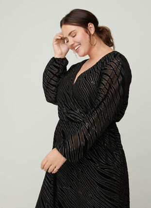 Mønstret kjole med glitter og v-hals, Black w Glitter, Model image number 1
