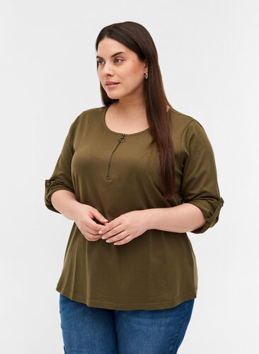 Bomulds bluse med lynlås detalje, Ivy Green, Model image number 0