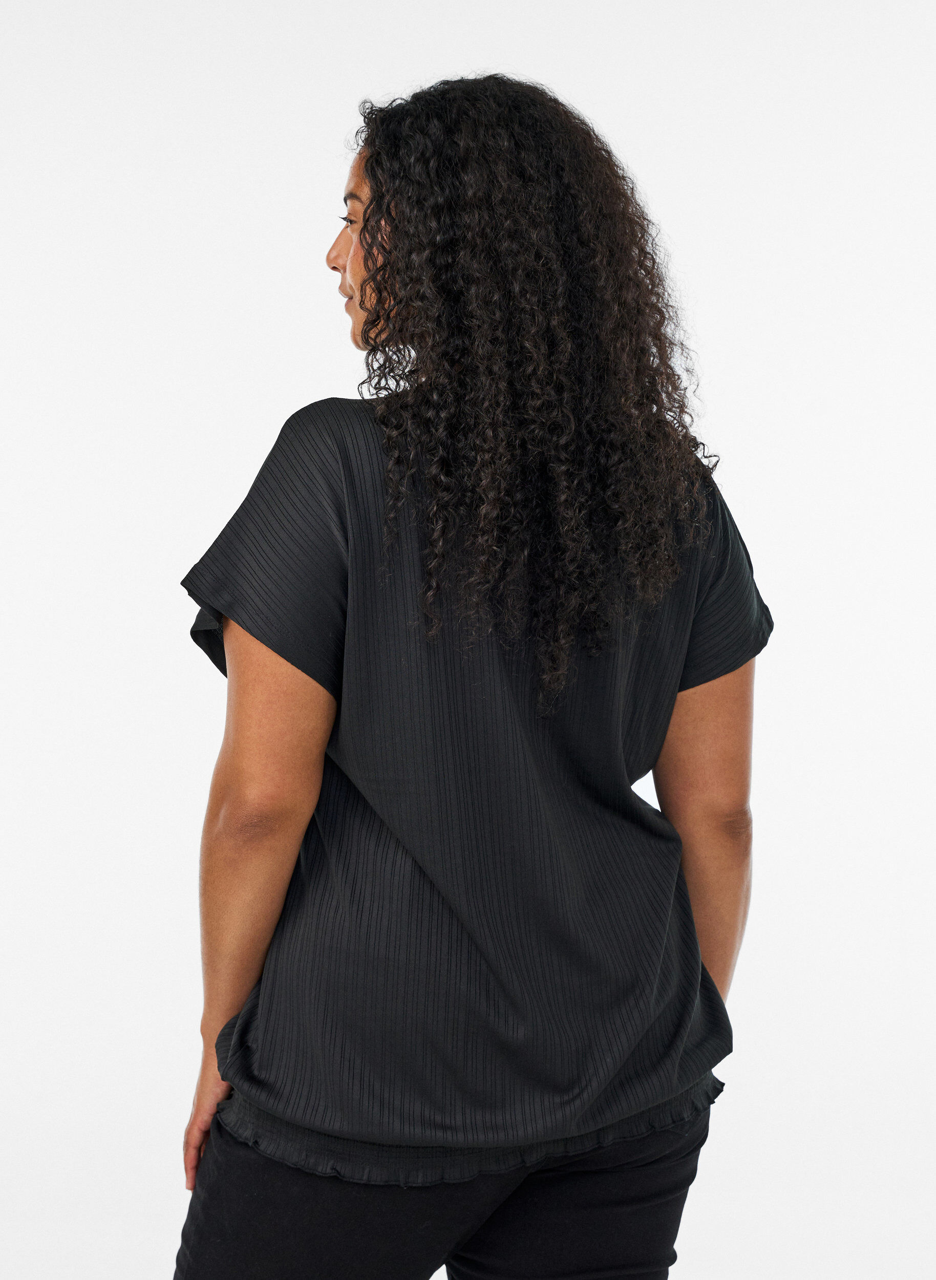 ZizziJerseybluse med strukturstriber og smockkant, Sort, Model image number 2