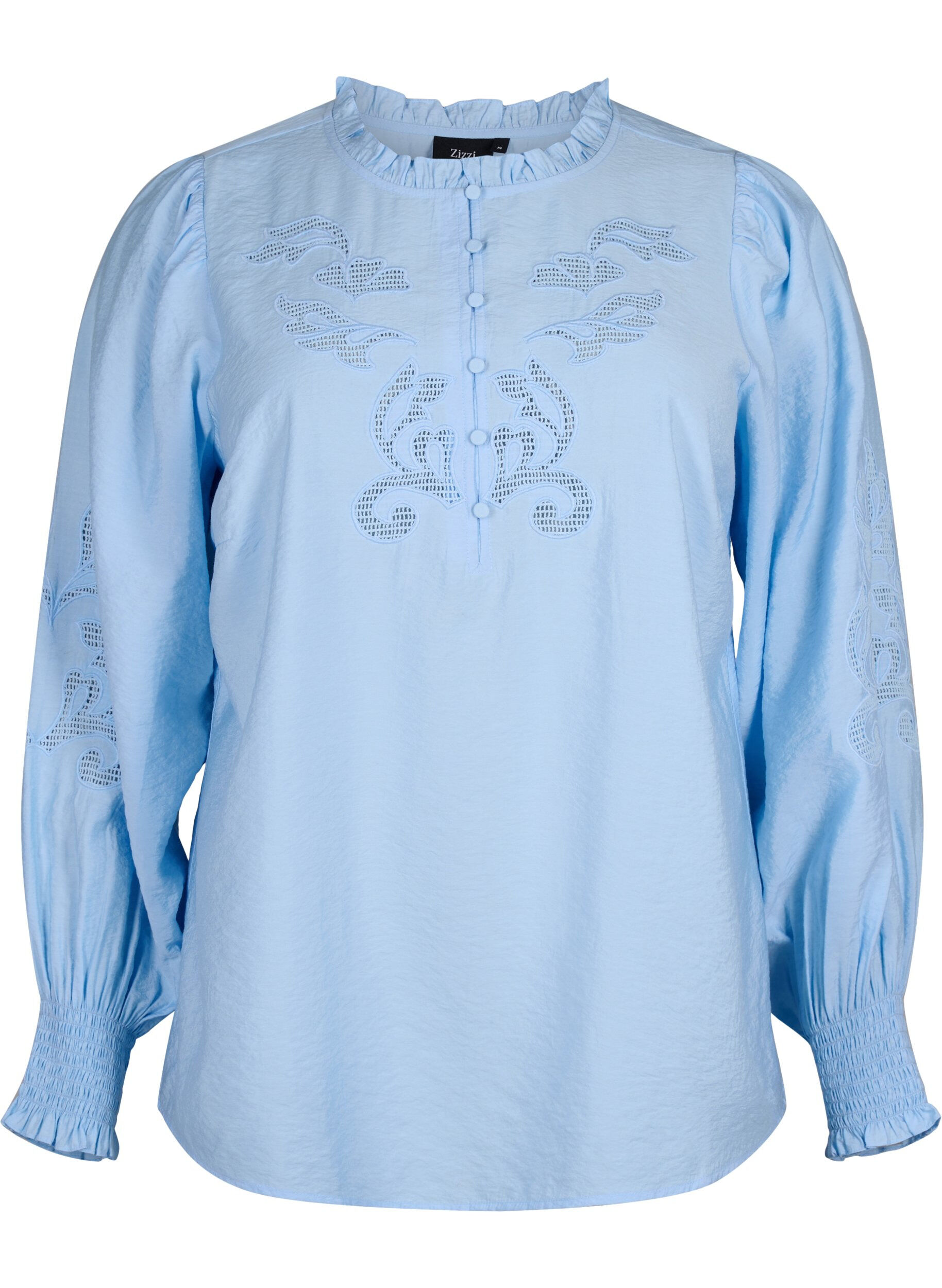 Zizzi Bluse med fl&aelig;ser og broderi anglaise, Chambray Blue, Packshot image number 0
