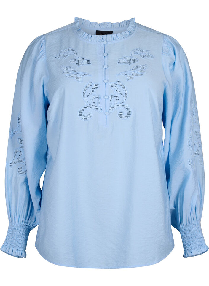 Bluse med flæser og broderi anglaise, Chambray Blue, Packshot image number 0