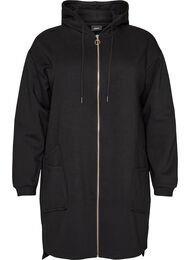 Lang hoodie-cardigan med lynl&aring;s, Sort