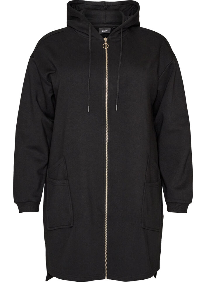 Lang hoodie-cardigan med lynl&aring;s, Sort, Packshot image number 0