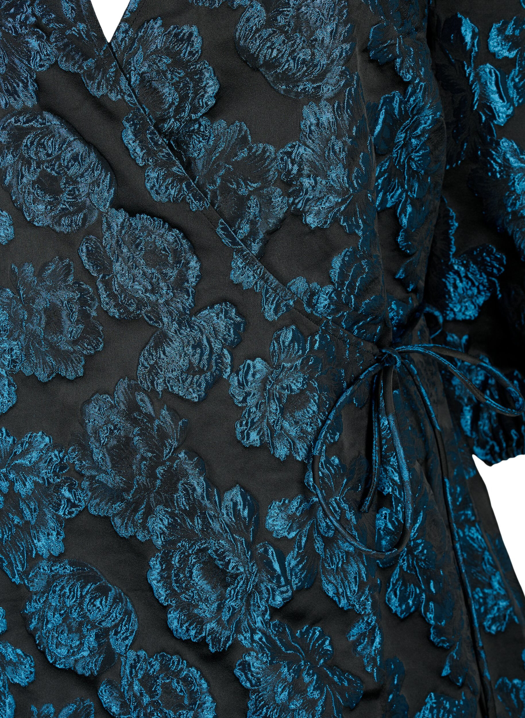 Zizzi Wrapkjole i jacquard med 3/4 &aelig;rmer, Black Blue, Packshot image number 2