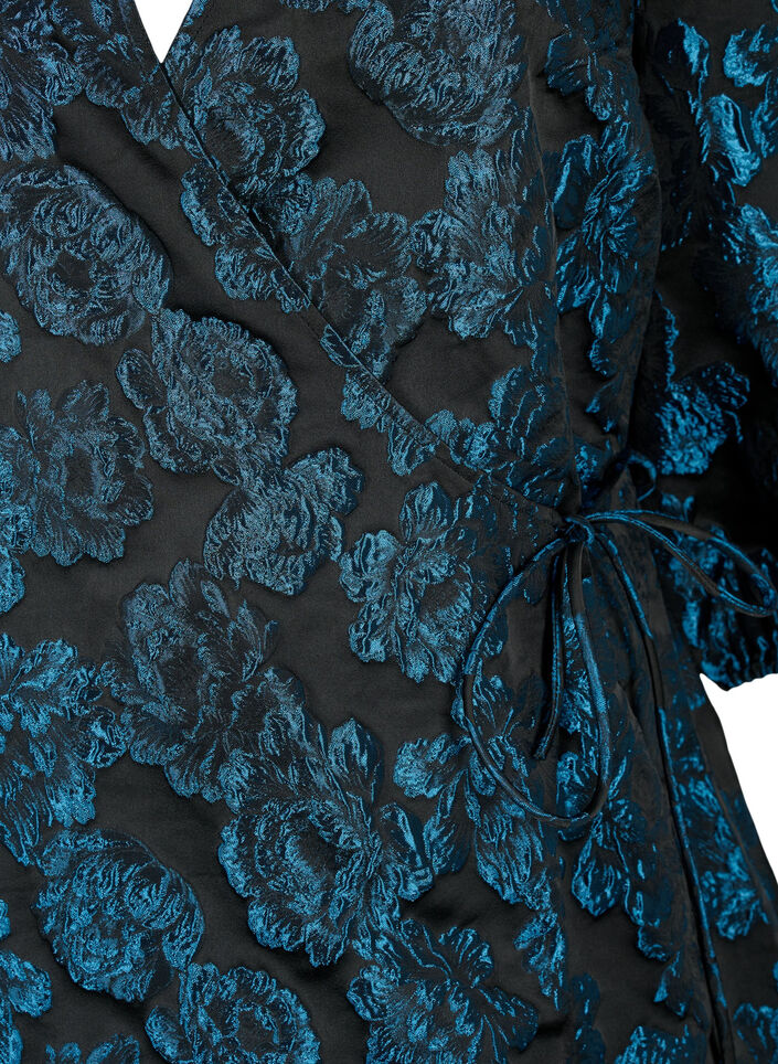 Wrapkjole i jacquard med 3/4 ærmer, Black Blue, Packshot image number 2