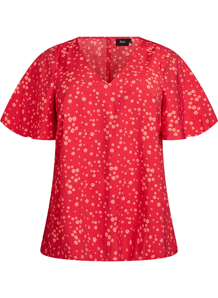 Blomstret bluse med flagermus ærmer, Rød, Packshot image number 0