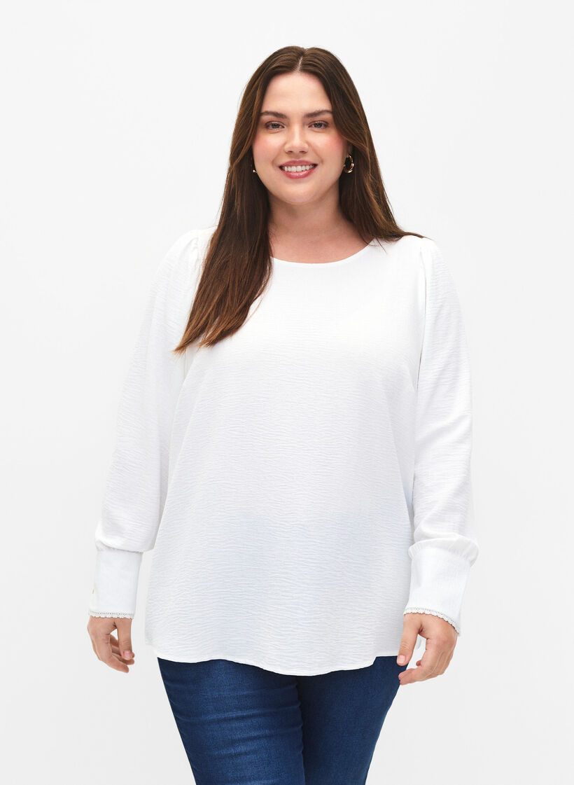 Langærmet bluse med tekstur, Bright White, Model image number 0