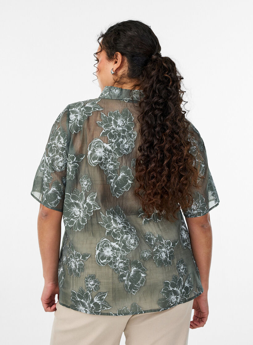 Transparent skjortebluse med blomstermotiver, Gr&oslash;n, Model image number 2