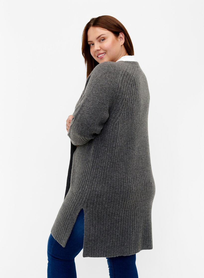 Lang ribstrikket cardigan, Dark Grey Melange, Model image number 1