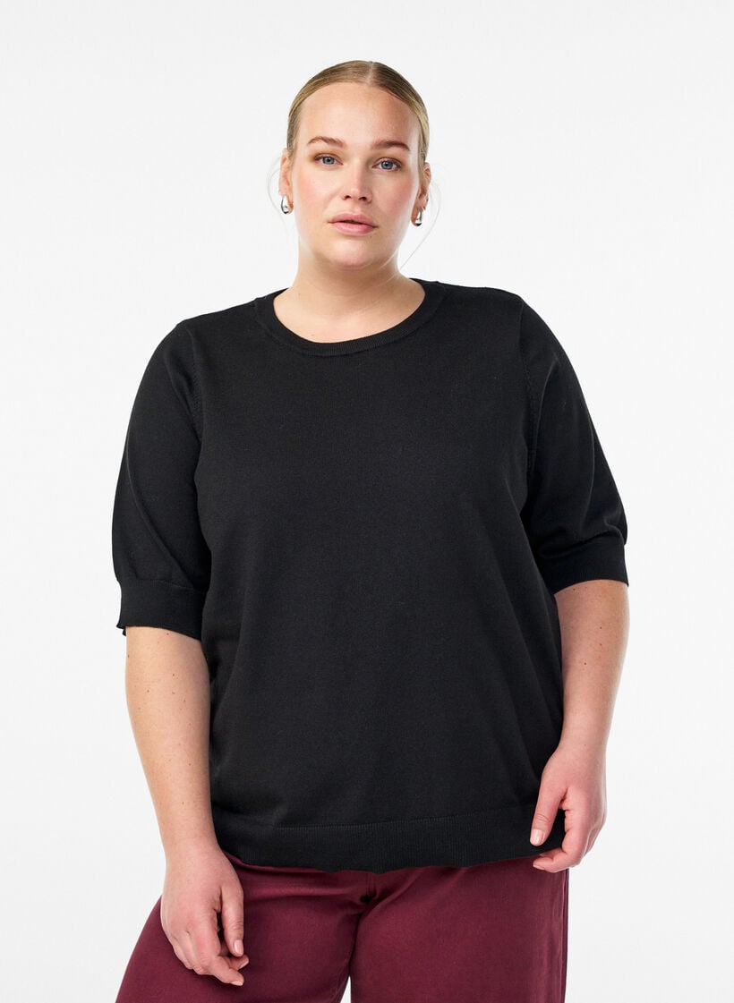 Finstrikket bluse med korte &aelig;rmer, Sort, Model image number 0