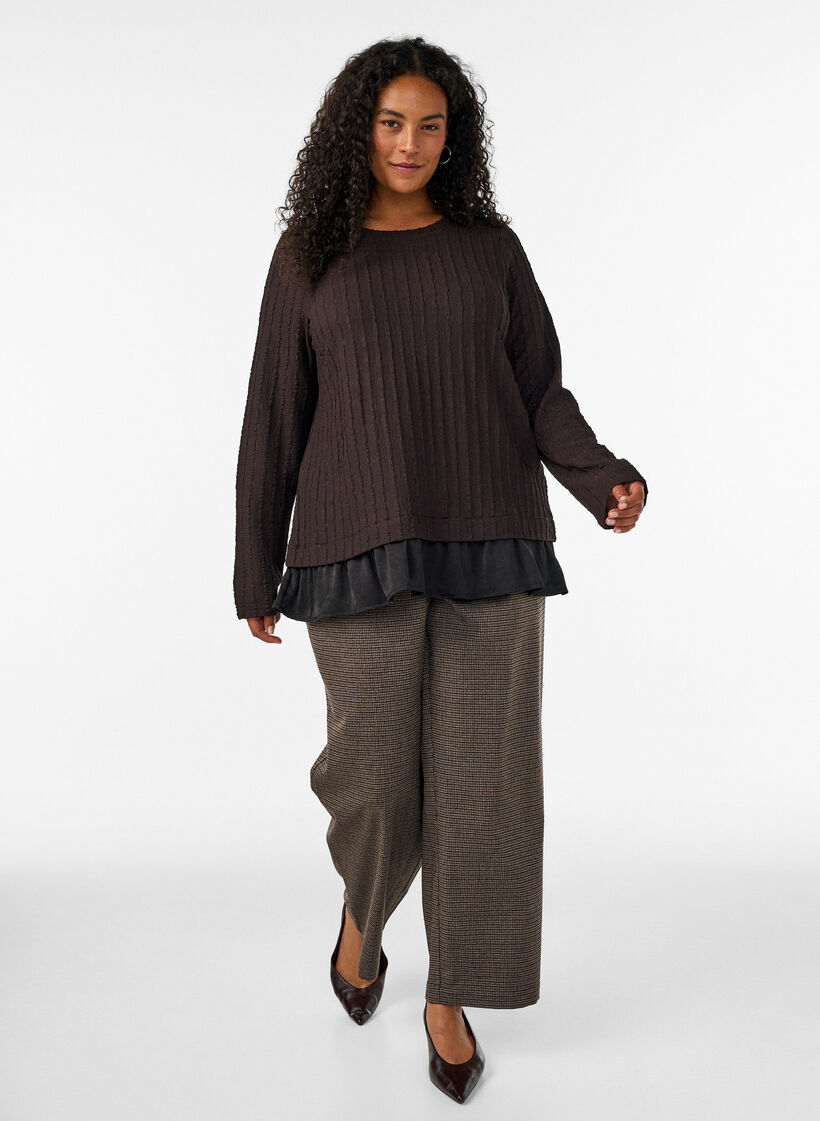 Struktureret bluse med fl&aelig;sekant, Brun, Model image number 1