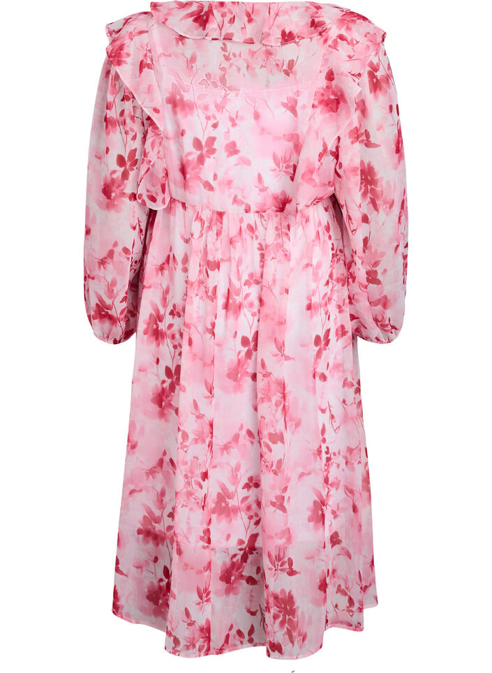 Blomstret chiffonkjole med fl&aelig;ser og lange &aelig;rmer, Lyser&oslash;d, Packshot image number 1