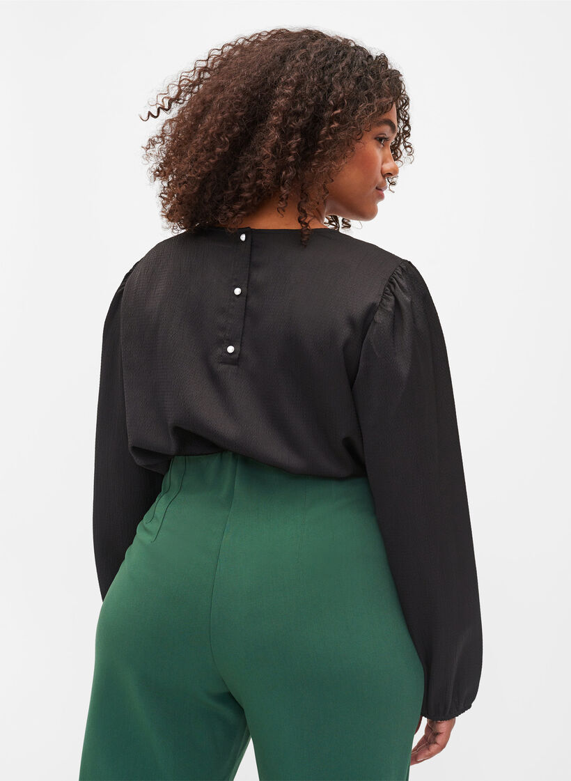 Langærmet bluse med rund hals, Black, Model image number 1