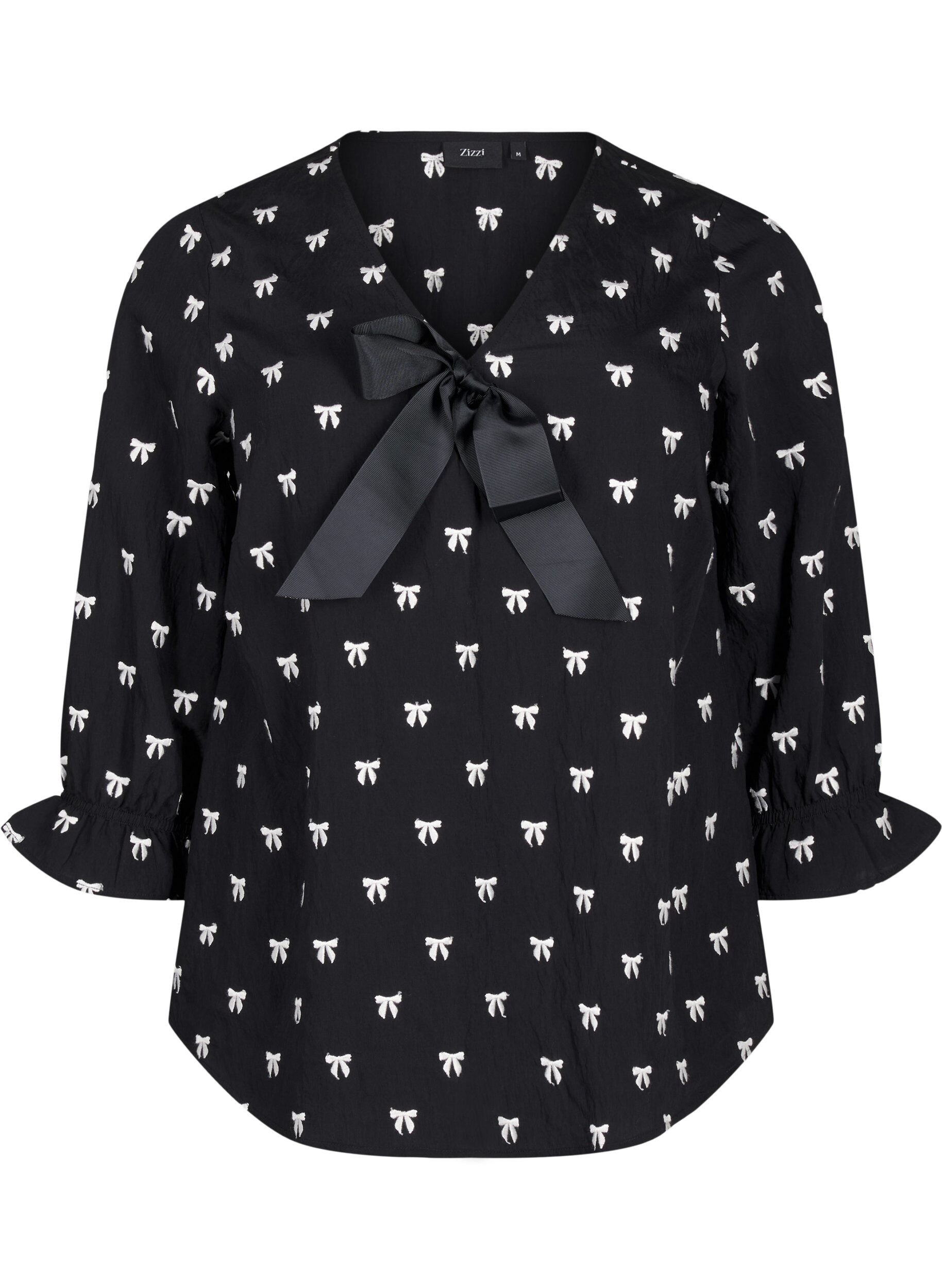 Zizzi Bluse med sl&oslash;jfer og 3/4 &aelig;rmer, Black White Bow, Packshot image number 0
