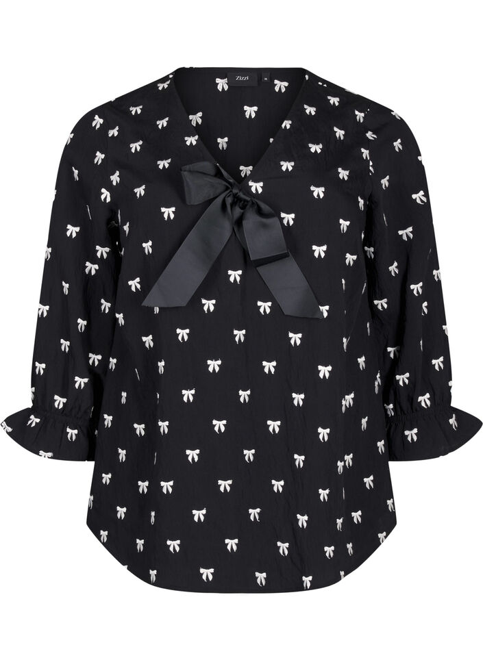 Bluse med sløjfer og 3/4 ærmer, Black White Bow, Packshot image number 0