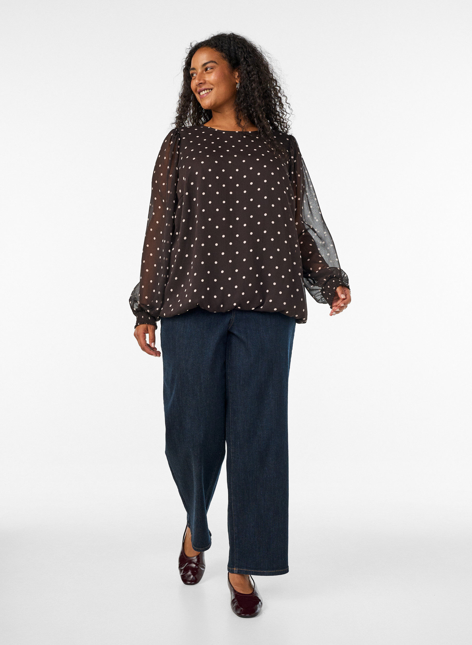 ZizziPrikket chiffonbluse med transparente &aelig;rmer, Brun, Model image number 1