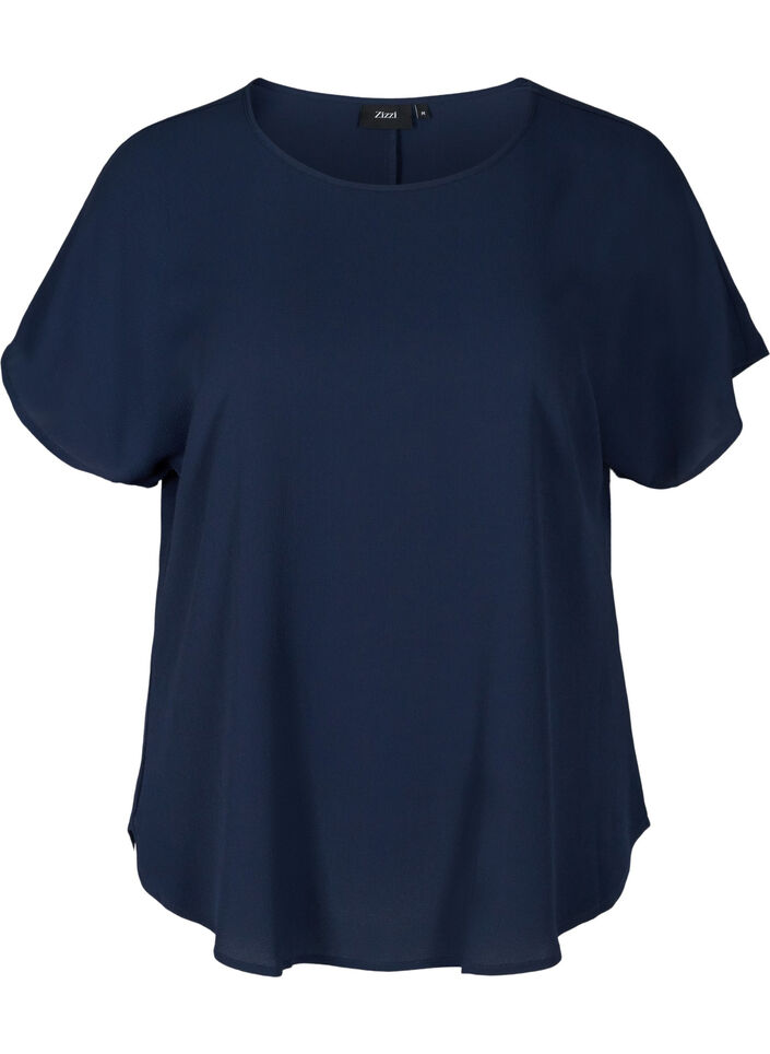 Bluse med korte &aelig;rmer og rund halsudsk&aelig;ring, Bl&aring;, Packshot image number 0