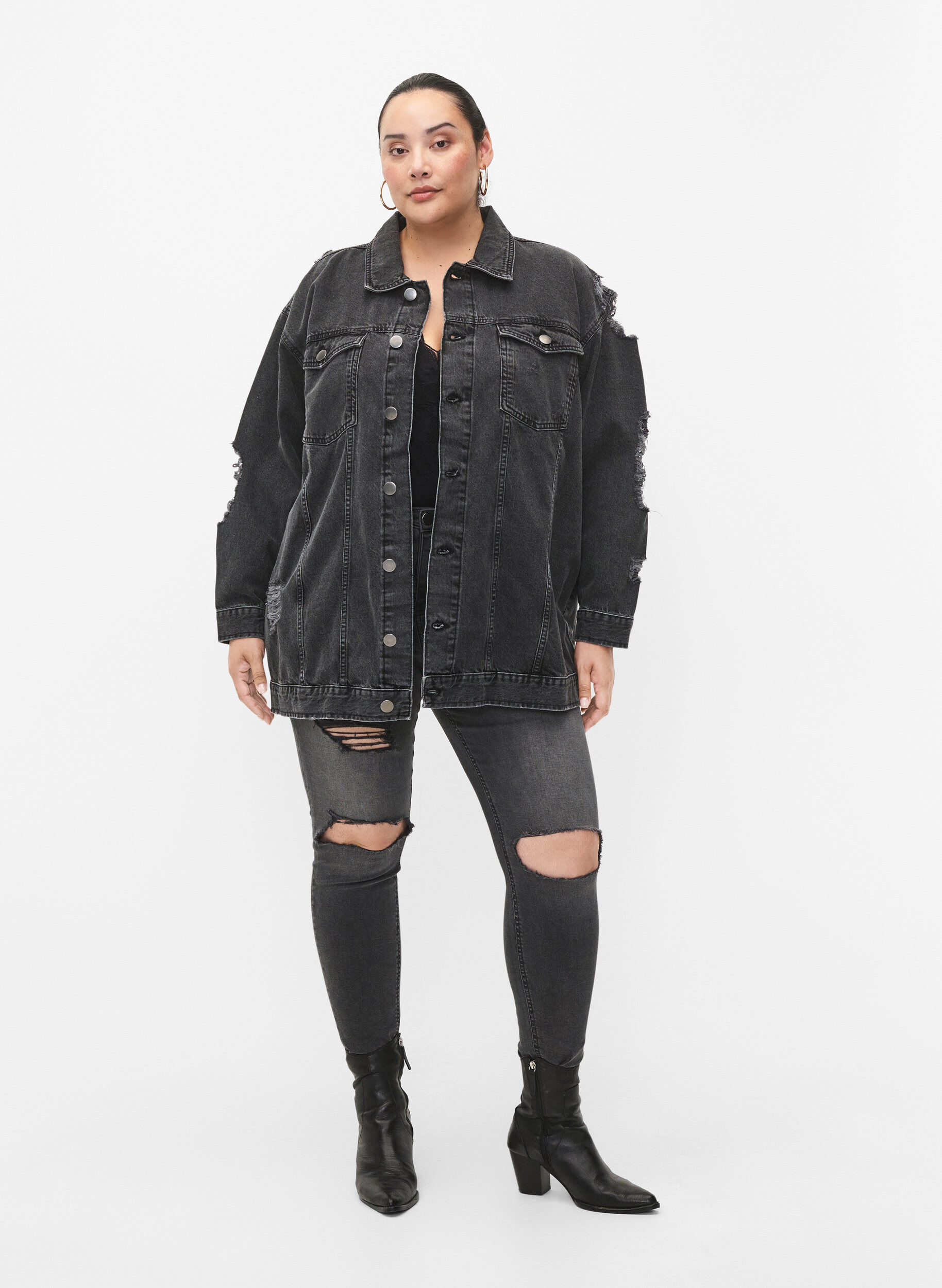 Zizzi L&oslash;stsiddende denimjakke med sliddetaljer, Dark Grey Denim, Model image number 3