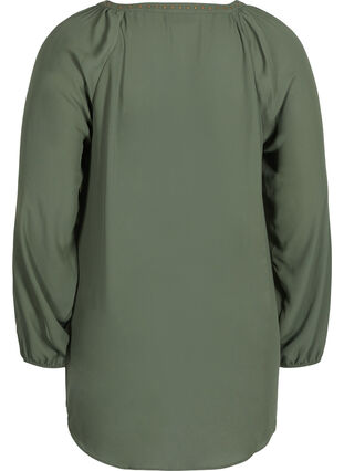 Langærmet bluse med v-hals og nitter, Thyme, Packshot image number 1
