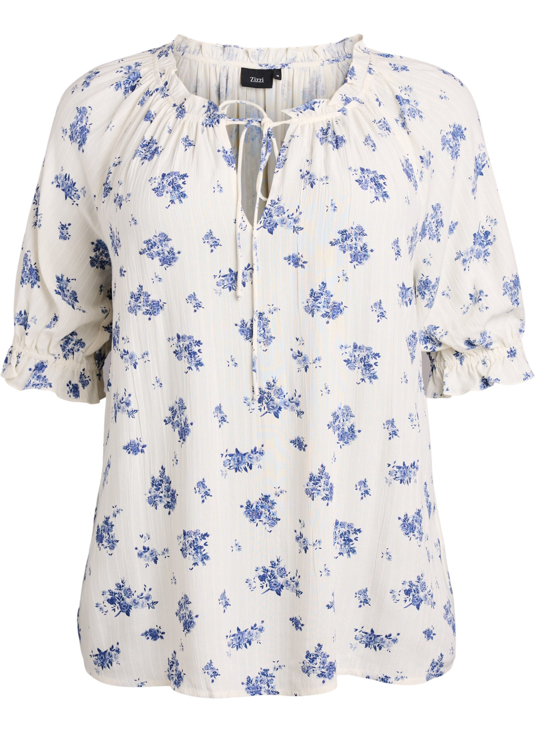ZizziBlomstret viskosebluse med halvlange &aelig;rmer, Hvid, Packshot image number 0