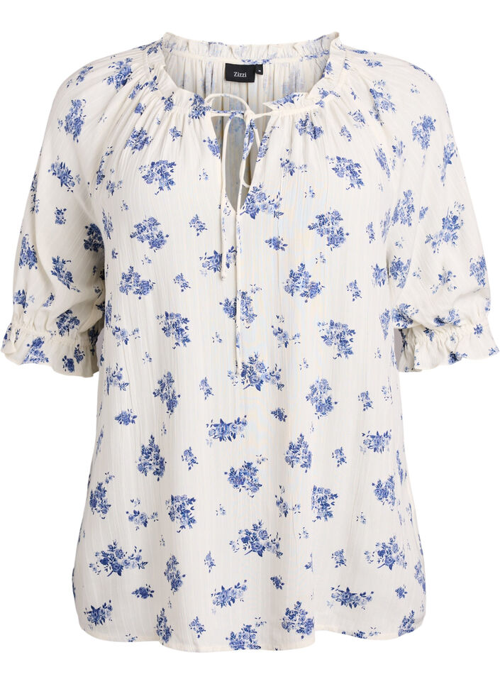 Blomstret viskosebluse med halvlange &aelig;rmer, Hvid, Packshot image number 0