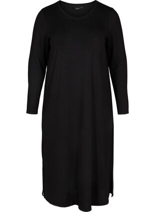 Ensfarvet kjole med lange ærmer og slids, Black, Packshot image number 0