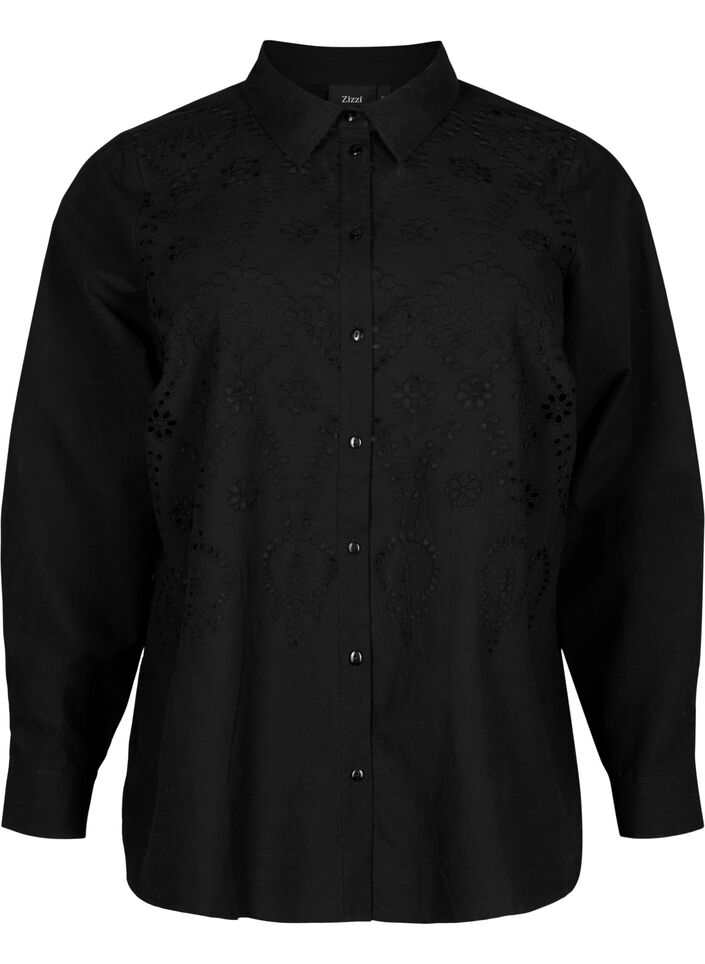 Skjorte i bomuld med broderi anglaise, Black, Packshot image number 0