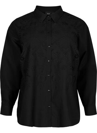 Skjorte i bomuld med broderi anglaise, Black, Packshot image number 0