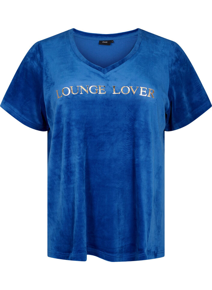 T-shirt i velour med v-hals, Monaco Blue, Packshot image number 0